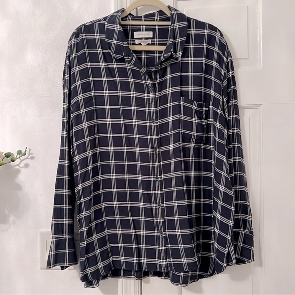 Treasure & Bond Plaid Boyfriend Button Down Shirt Blue 2X - Picture 2 of 8